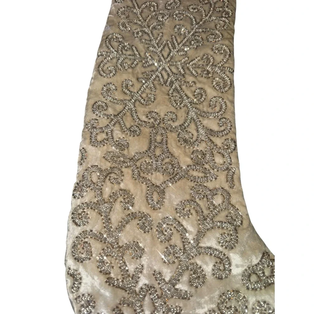 Tahari Home Christmas Stocking Champagne Velvet Beaded Snowflake Scroll 20